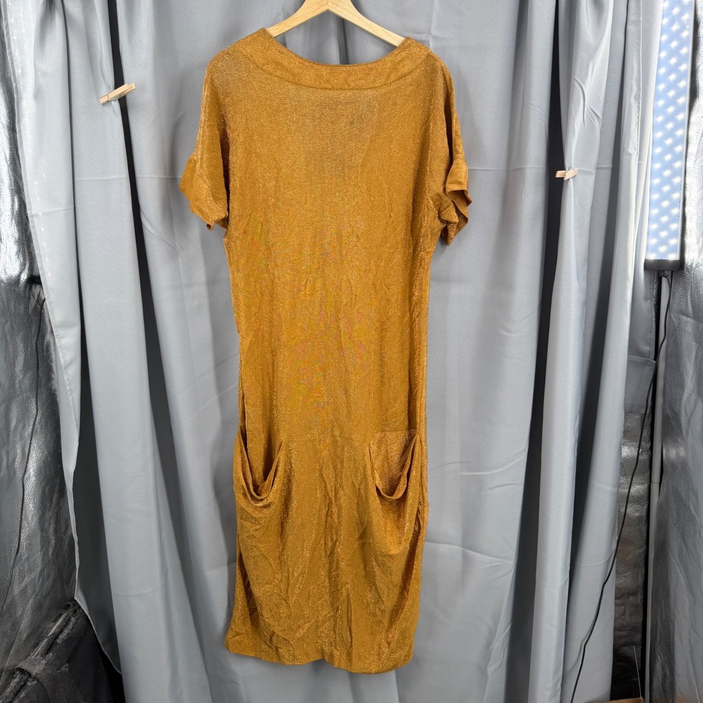 Vintage Handmade Gold Metallic Midi Dress Pockets Button Back Unbranded